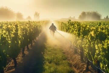 person with sprayer applies fungicides to protect the crops from fungal diseases in early morning, Generative AI