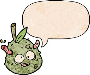 cartoon rotting old pear with worm with speech bubble in retro texture style