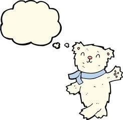 cartoon waving teddy polar bear with thought bubble