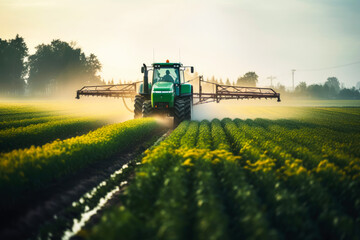tractor with sprayer distributes herbicides to control weeds in the fields, for crop yield. countryside with fields of crops. Overcast with a slight drizzle. afternoon.