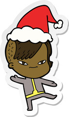 cute hand drawn sticker cartoon of a girl with hipster haircut wearing santa hat