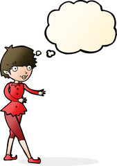 cartoon christmas elf woman with thought bubble
