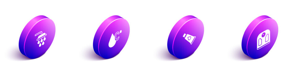 Set Isometric Shower, Water temperature, Cream or lotion cosmetic tube and Bathroom scales icon. Vector
