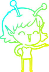 cold gradient line drawing of a cartoon alien girl laughing