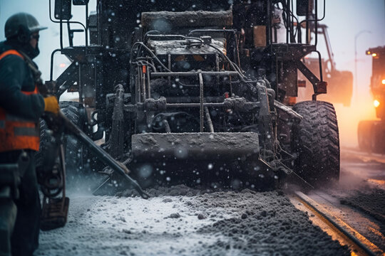 Paver working on a snowy day, spreading fresh layers of asphalt to repair a potholed highway, Generative AI