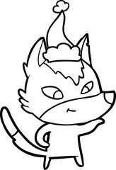 friendly hand drawn line drawing of a wolf wearing santa hat