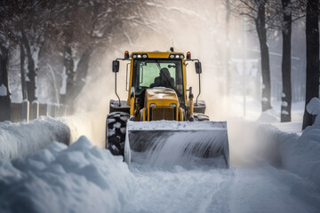 yellow bulldozer clearing snow on a winter day to clear a roadway, Generative AI - obrazy, fototapety, plakaty