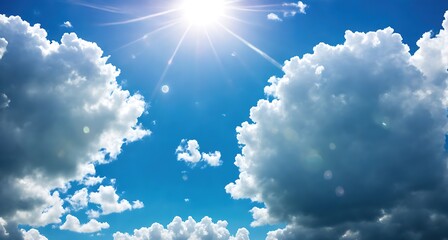 The sun shining brightly in a clear blue sky with fluffy white clouds. Tags: sky, clouds, sun, blue, bright, white, fluffy, clear, - created with Generative AI - lorious and zingy image of Sunny bac - Powered by Adobe