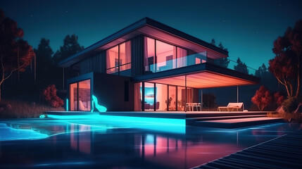 House and swimming pool at night . Generative Ai