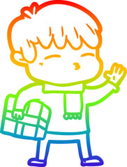 rainbow gradient line drawing of a cartoon curious boy