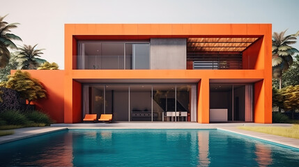 Obraz na płótnie Canvas Exterior Modern tropical Villa with swimming pool, bright color. Generative Ai