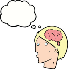 cartoon man with brain symbol with thought bubble