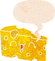 cartoon cheese with speech bubble in grunge distressed retro textured style