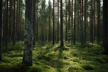 Obraz premium scandinavian forest with many trees, lots of green moss made with Generative AI