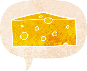 cartoon cheese with speech bubble in grunge distressed retro textured style