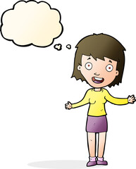 cartoon excited woman with thought bubble