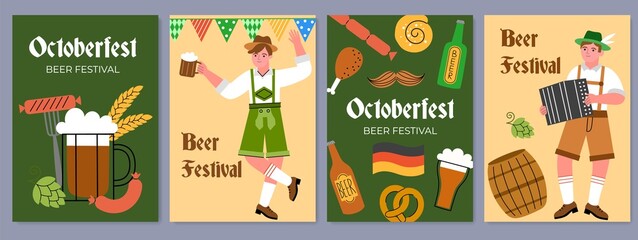 Annual beer holiday cards. Oktoberfest people in traditional bavarian clothes, german food, drink celebration, malt drink party, vector set.jpg - obrazy, fototapety, plakaty