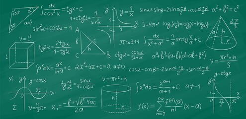 Green blackboard with math formulas. Chalk notes on graphite board, geometry lesson, drawings, letters and numbers, school tutor, vector set