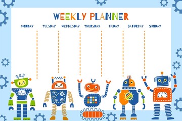 Kids cute robots student planner. Funny color androids, weekly schedule, training calendar, boys cute design, child education, vector set