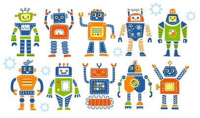 Funny cartoon robots. Kids mechanical toys, colorful cute cyborgs, comic characters, futuristic mascots, childish techno games, vector set