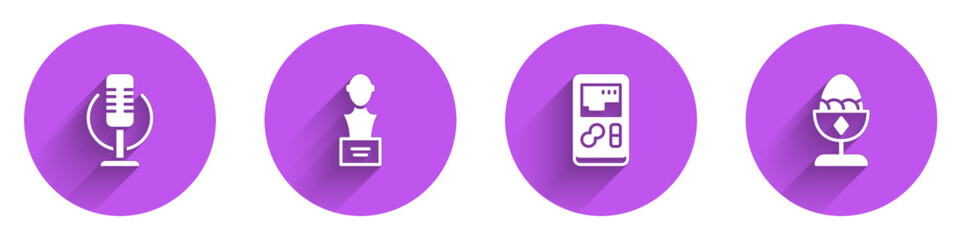 Set Microphone, Gypsum head sculpture bust, Portable video game console and Chicken egg stand icon with long shadow. Vector