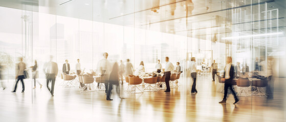 blurred business people in white glass office background, Generative AI