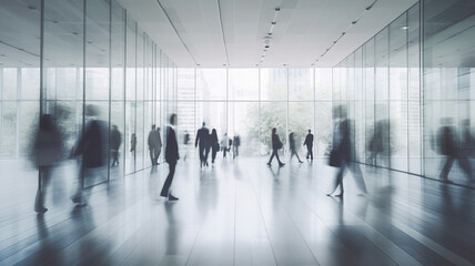 blurred business people in white glass office background, Generative AI