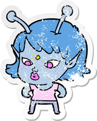distressed sticker of a pretty cartoon alien girl