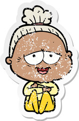 distressed sticker of a cartoon happy old lady