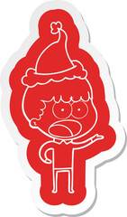 quirky cartoon  sticker of a shocked man wearing santa hat