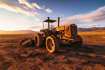 Obraz premium old abandoned rusted wheel tractor scraper in vast desert with mountains background during golden hour, Generative AI