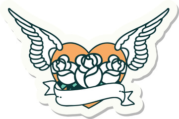 sticker of tattoo in traditional style of a flying heart with flowers and banner