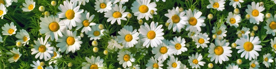 Fototapeta premium Field of daisies top view. Texture natural background of many flowers chamomile in meadow in grass