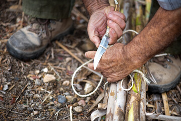 Obraz premium detail of hands cutting thread with a knife to tie a group of reeds. hairy, brown arms of an older man, weathered by the countryside. Sinister image that can work for halloween.