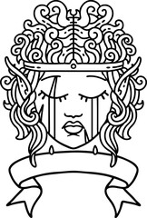 Black and White Tattoo linework Style crying elf barbarian character face with banner