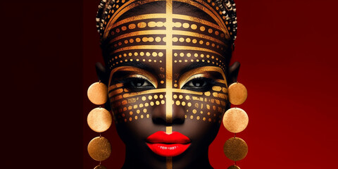 Fototapeta na wymiar Fashion Afroamerikanische Frau Gesicht mit aufwendiger Gold Bemahlung und Taping Nahaufnahme, ai generativ 