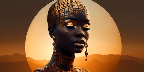 Fashion Gesicht mit Bodypainting Gold und Schwarz gemustert Poster Nahaufnahme, ai generativ