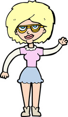 cartoon waving woman wearing spectacles