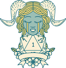 Retro Tattoo Style crying tiefling face with natural 1 D20 Dice