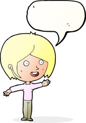 cartoon happy girl waving with speech bubble