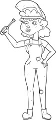 freehand drawn black and white cartoon female mechanic