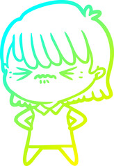 cold gradient line drawing of a annoyed cartoon girl