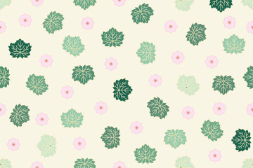 Illustration of the abstract leaves and pink flower on soft yellow background.