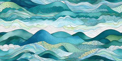 Seamless Abstract playful hand drawn fine line watercolor stripes rolling hills landscape pattern in teal blue and white. Boy or nautical theme. High resolution textile texture background.