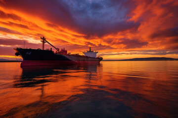 Naklejka premium a tanker awaits unloading at an open sea terminal, sunset with bright colors and scattered clouds, Generative AI