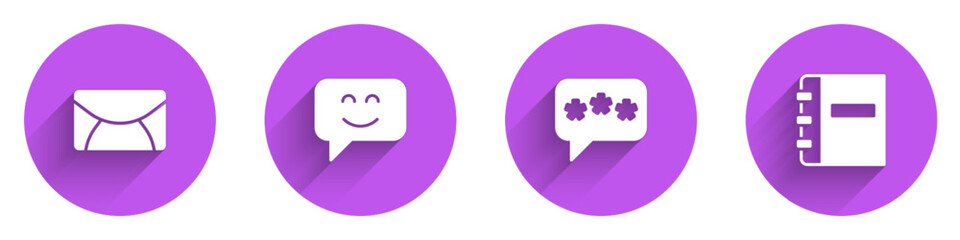 Set Mail and e-mail, Smile face, Speech bubble chat and Notebook icon with long shadow. Vector