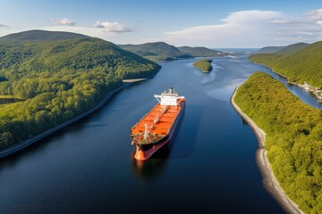tanker navigates through a narrow canal passing picturesque landscapes, clear day in the afternoon, Generative AI
