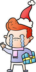 hand drawn gradient cartoon of a man crying wearing santa hat