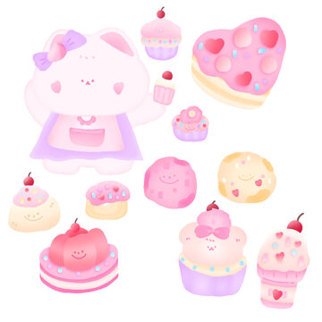 Pink cat and bakery in pink tone