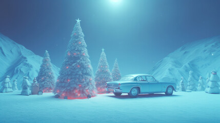 Silent snowy winter night in mountains. Christmas trees on moon light and retro blue car. Generative AI illustration.